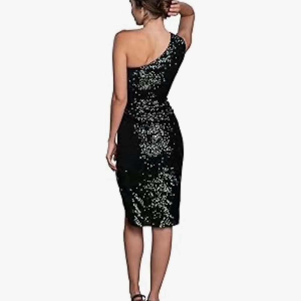 Dress the Population Black Sequin One Shoulder Cocktail Dress NWT Formal Evening - Picture 4 of 9
